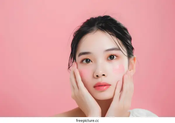 Asian Woman Applying Pink Cream on Cheeks