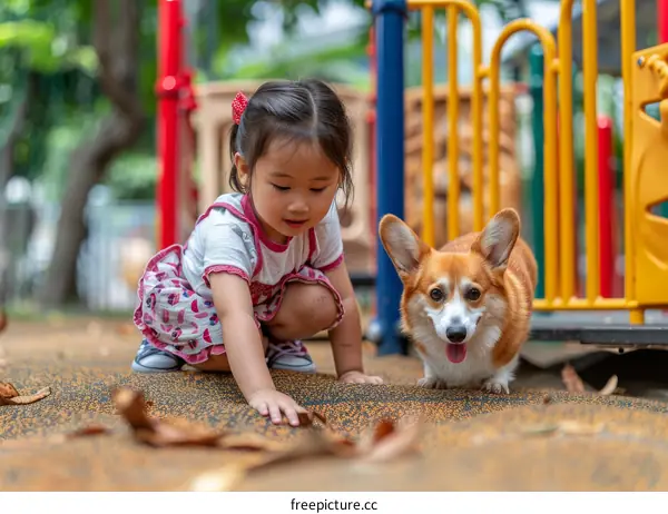 Asian toddler girl playing with a corgi dog at a playground