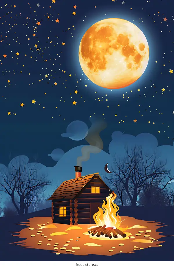 Night Sky With Full Moon Cabin And Fire