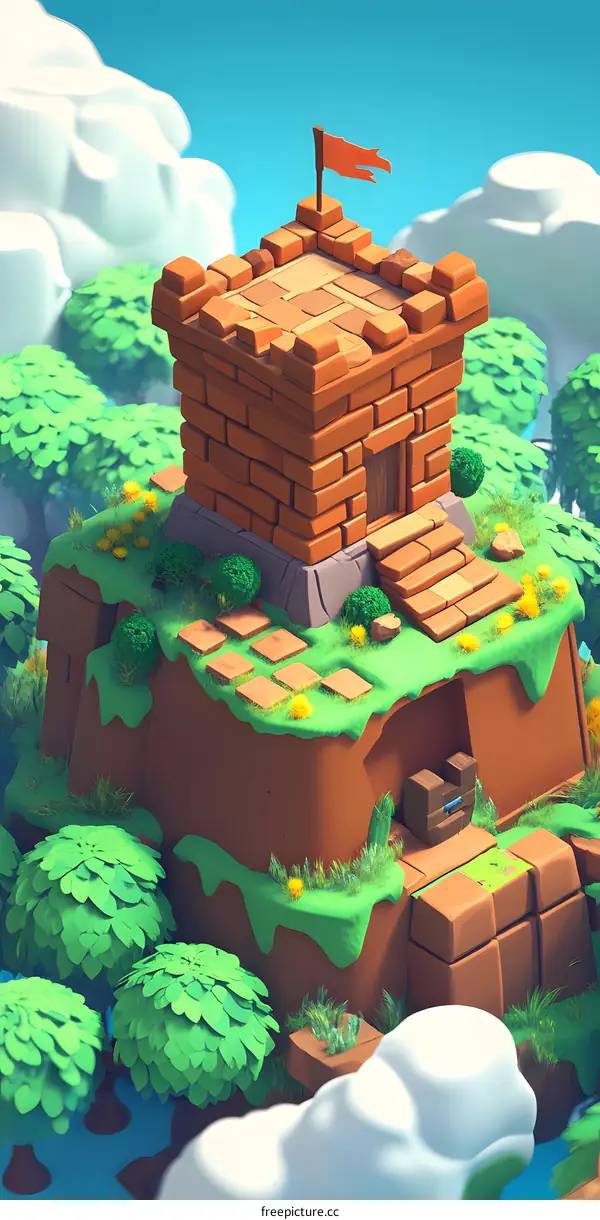 Cartoon Brick Tower with Flag on Top