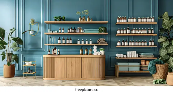 Modern Interior Design with Wooden Shelves and Countertop