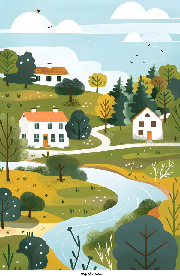 Illustrated Village Landscape with Houses, River, and Trees