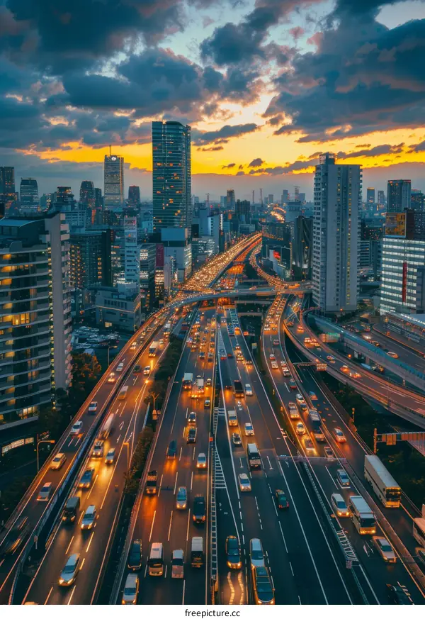 Urban Expressway at Sunset with Heavy Traffic