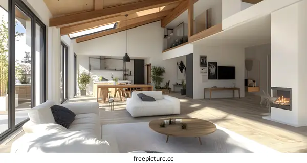 Modern Interior Design with Fireplace and Wooden Beams