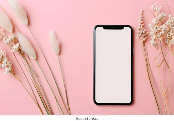 Blank Smartphone Screen with Dried Flowers on Pink Background