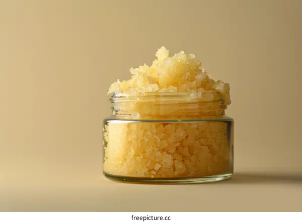 Close-up of Yellow Body Scrub in Glass Jar on Beige Background