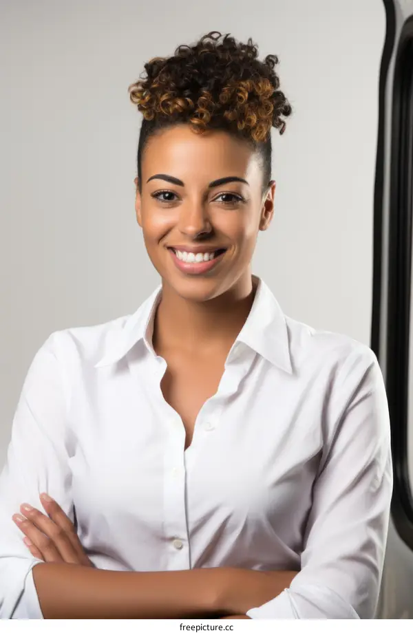 Portrait of a young African-American woman smiling wearing a white shirt