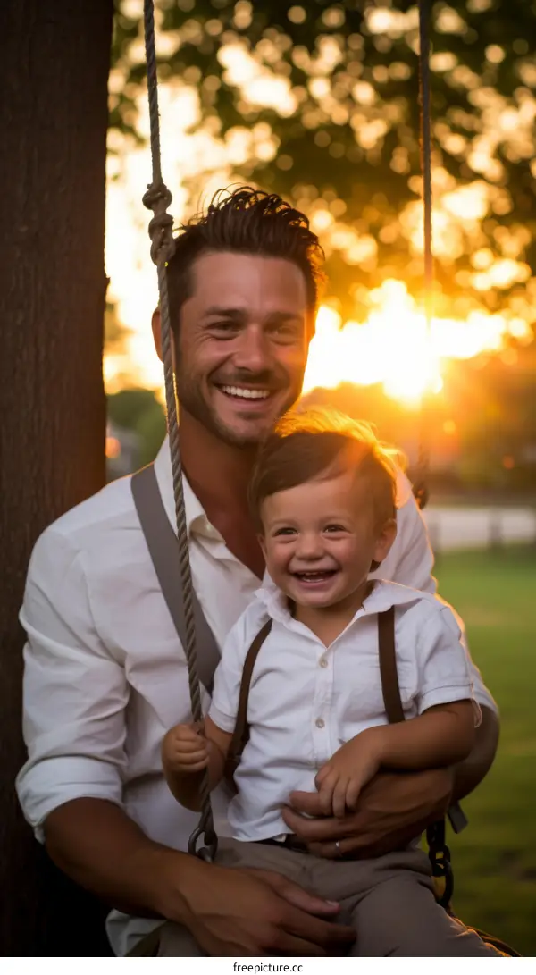Happy father and son swinging on a rope swing in the park at sunset