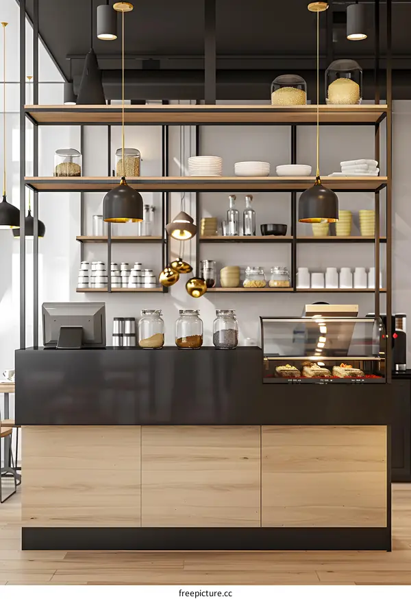 Minimalist Cafe Counter Design with Black and Gold Accents
