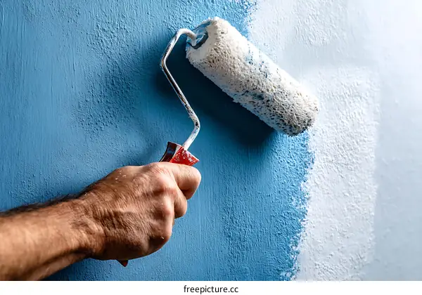 Painting a wall with a roller Caucasian man