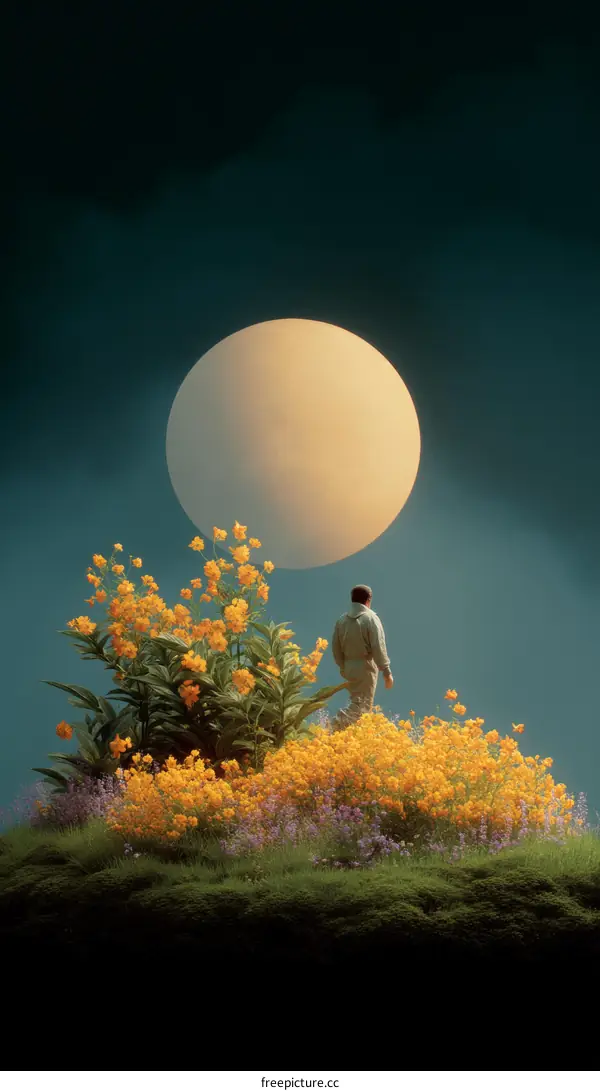 A solitary figure amidst vibrant flowers under a large moon