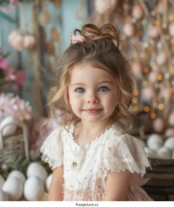 Portrait of a cute little girl with blue eyes and blonde hair wearing a white dress