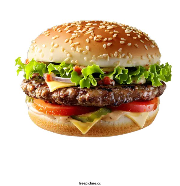 [Transparent Background PNG]Delicious Cheeseburger with Lettuce Tomato and Pickles