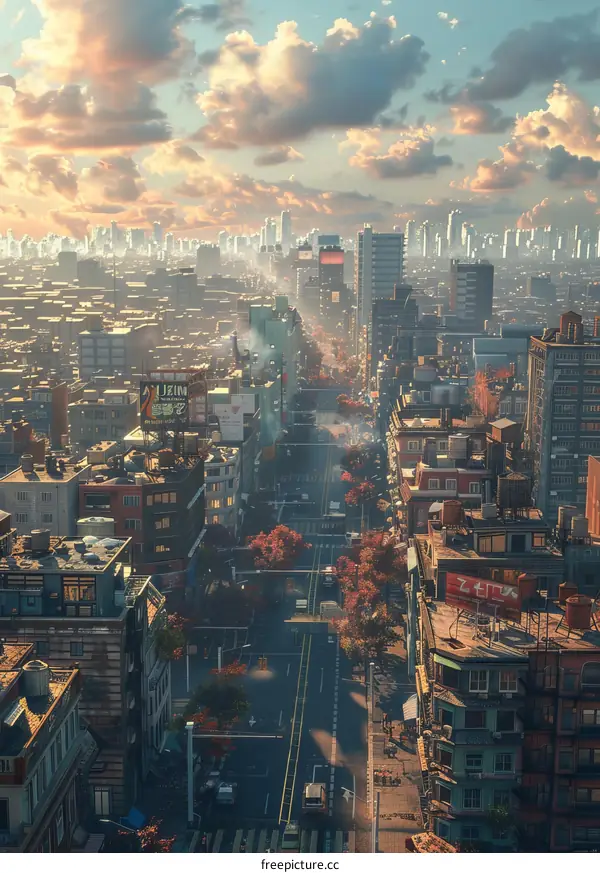 Bustling City Street with Pedestrians, Vehicles, and Buildings