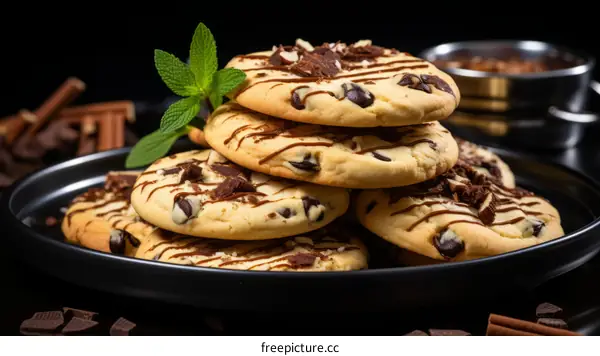 Stack of Chocolate Chip Cookies on Black Plate