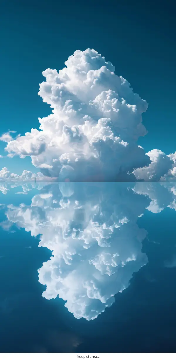 A puffy white cloud floats in an endless sky over a glassy lake