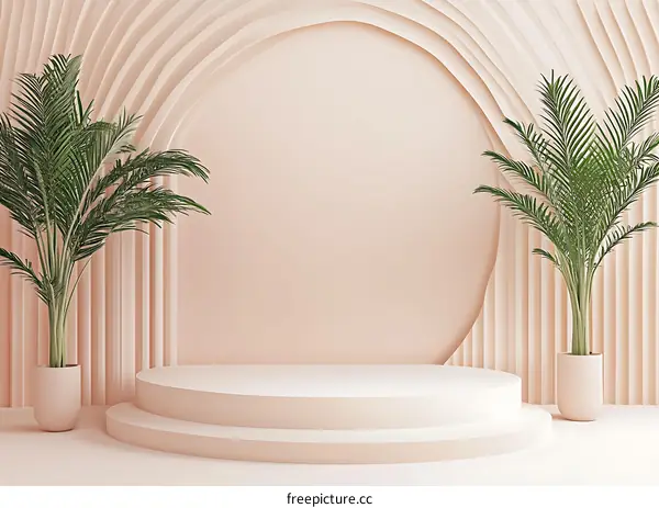 Minimalist Pink Background with Palm Trees and Round Platform