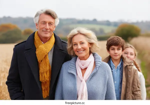Happy Family Autumn Walk in Countryside