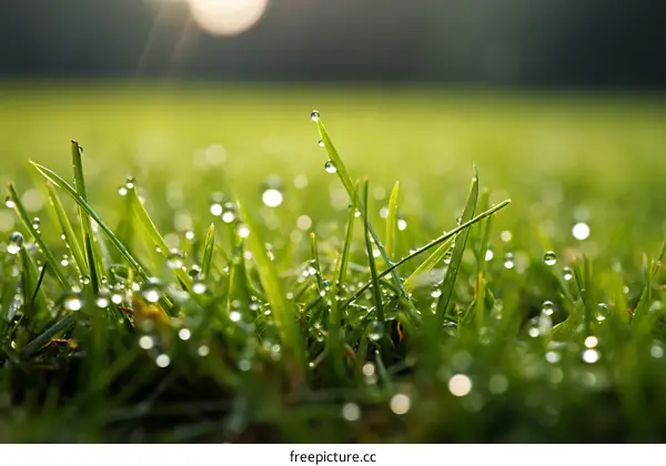 Close-up of green grass with dew drops in the morning sun
