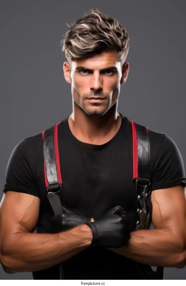 Portrait of a handsome young man with blond hair and blue eyes wearing a black leather vest