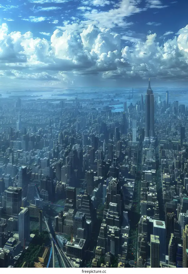 A bird's-eye view of a vast urban metropolis with towering skyscrapers and a tranquil river flowing through its heart