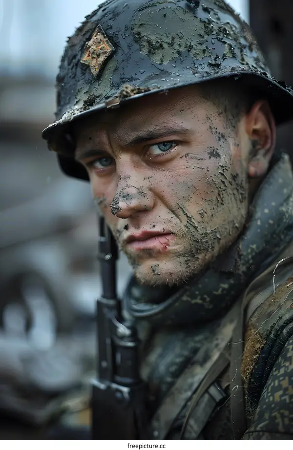 Portrait of a soldier with mud on his face and a red star on his helmet