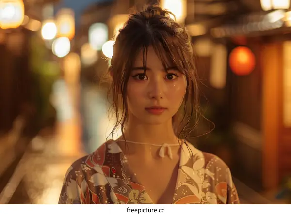 Asian Woman in Traditional Japanese Kimono at Night
