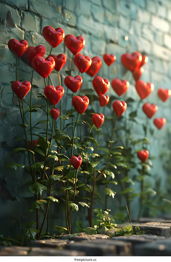 Red heart-shaped flowers bloom in front of a brick wall