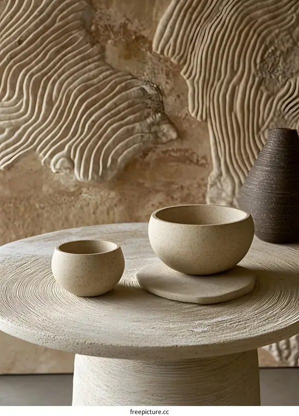 Ceramic Bowls and Vase on a Textured Table