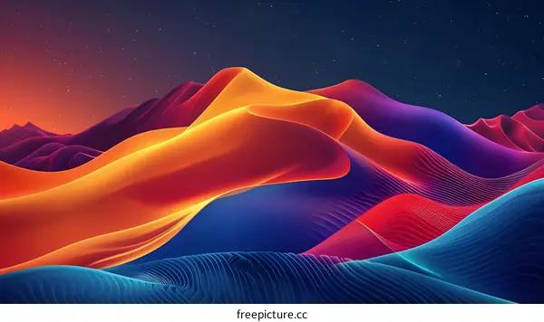 Colorful 3D rendering of a mountainous desert landscape with a starry night sky