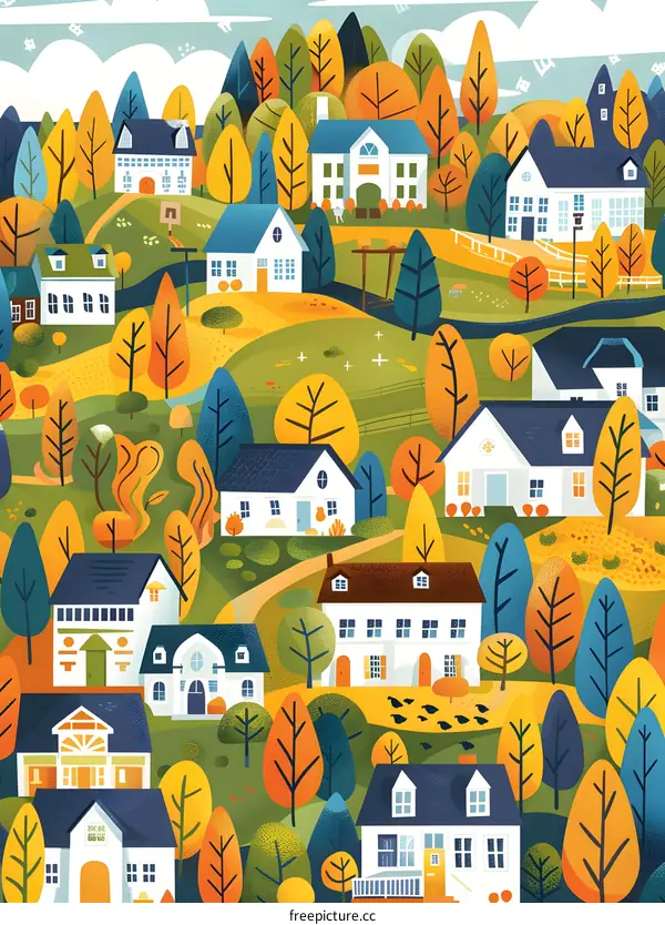 Autumn Village Illustration With Colorful Houses And Trees