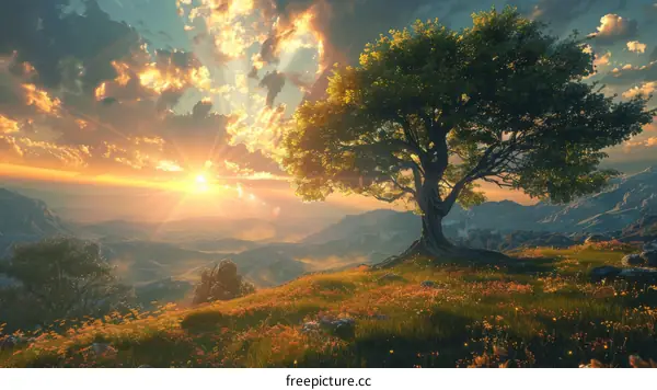 Majestic Fantasy Landscape with Towering Tree and Mountain Vista