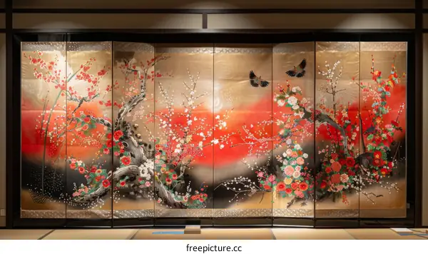 Japanese painting of cherry blossoms and birds on a gold background