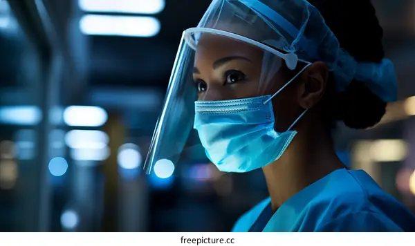 A female doctor wearing a mask and face shield looks thoughtfully into the distance