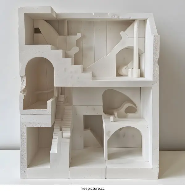 White Architectural Model with Multiple Levels and Rooms