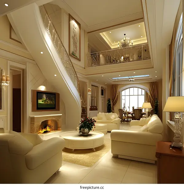 Luxury Living Room Interior Design with White Couch and Fireplace