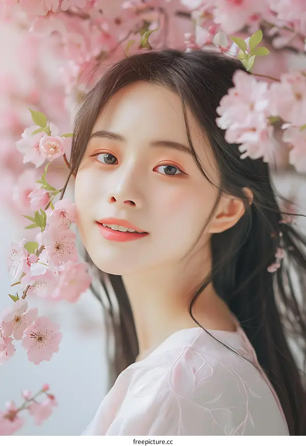 Beautiful Asian Woman with Cherry Blossoms