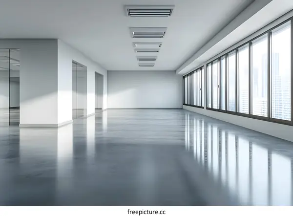 Empty Modern Office Space with Large Windows and City Skyline