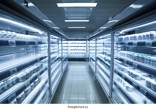 Empty Refrigerated Food Display Cases in a Supermarket