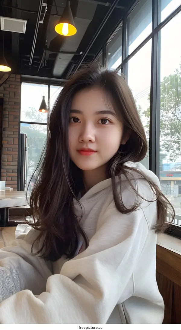 Portrait of a Young Woman with Long Black Hair Wearing a Gray Hoodie in a Cafe