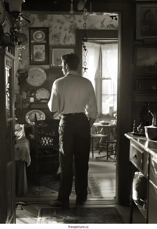 Man standing in a doorway looking into a brightly lit room