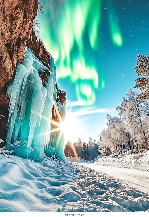 Frozen Waterfall Under The Northern Lights