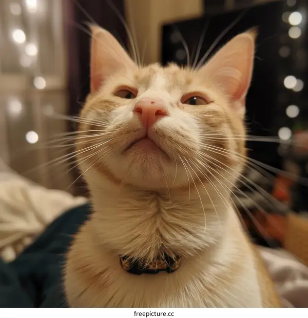 A Ginger Cat with a Curious Expression Looking Up at the Camera