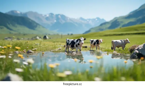 Cows Grazing in a Meadow with Mountains in the Distance