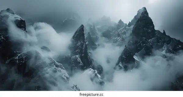 Misty Mountain Peaks in the Clouds