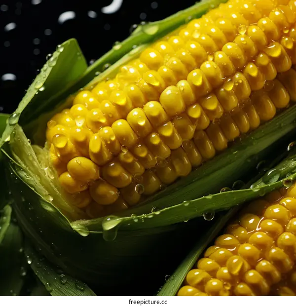 Close-up of fresh corn cob with water droplets