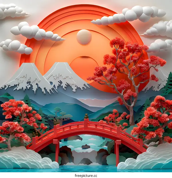 Paper Cut Landscape With Mountains and Bridge