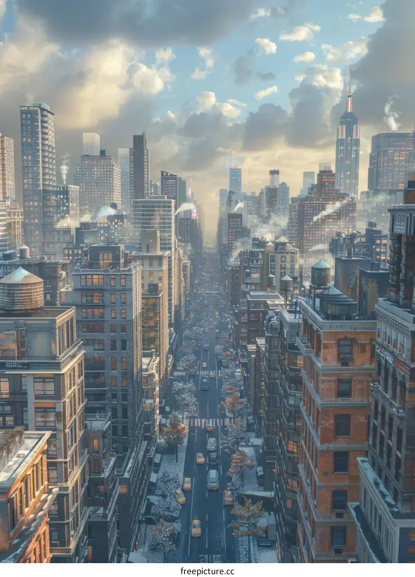 Snowy Cityscape Urban Aerial View