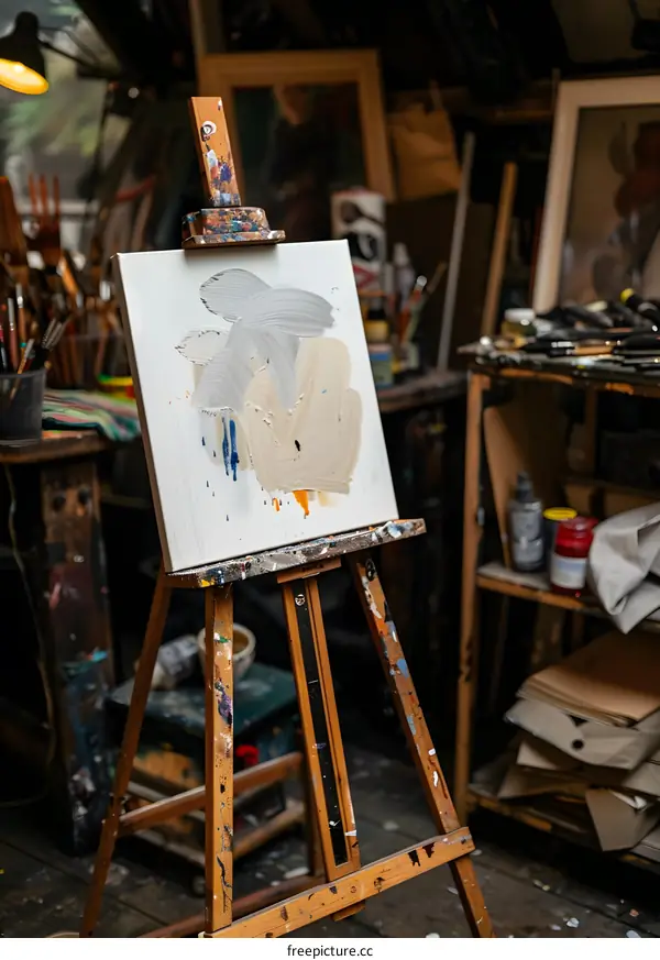 Wooden Easel with Abstract Painting and Paint Splatters