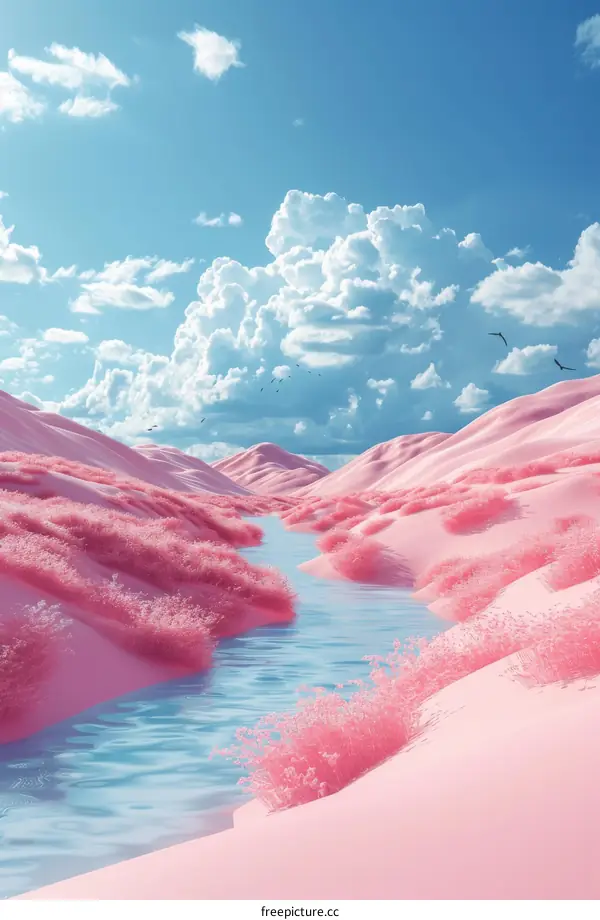 Pink Desert Landscape with Stream and Clouds